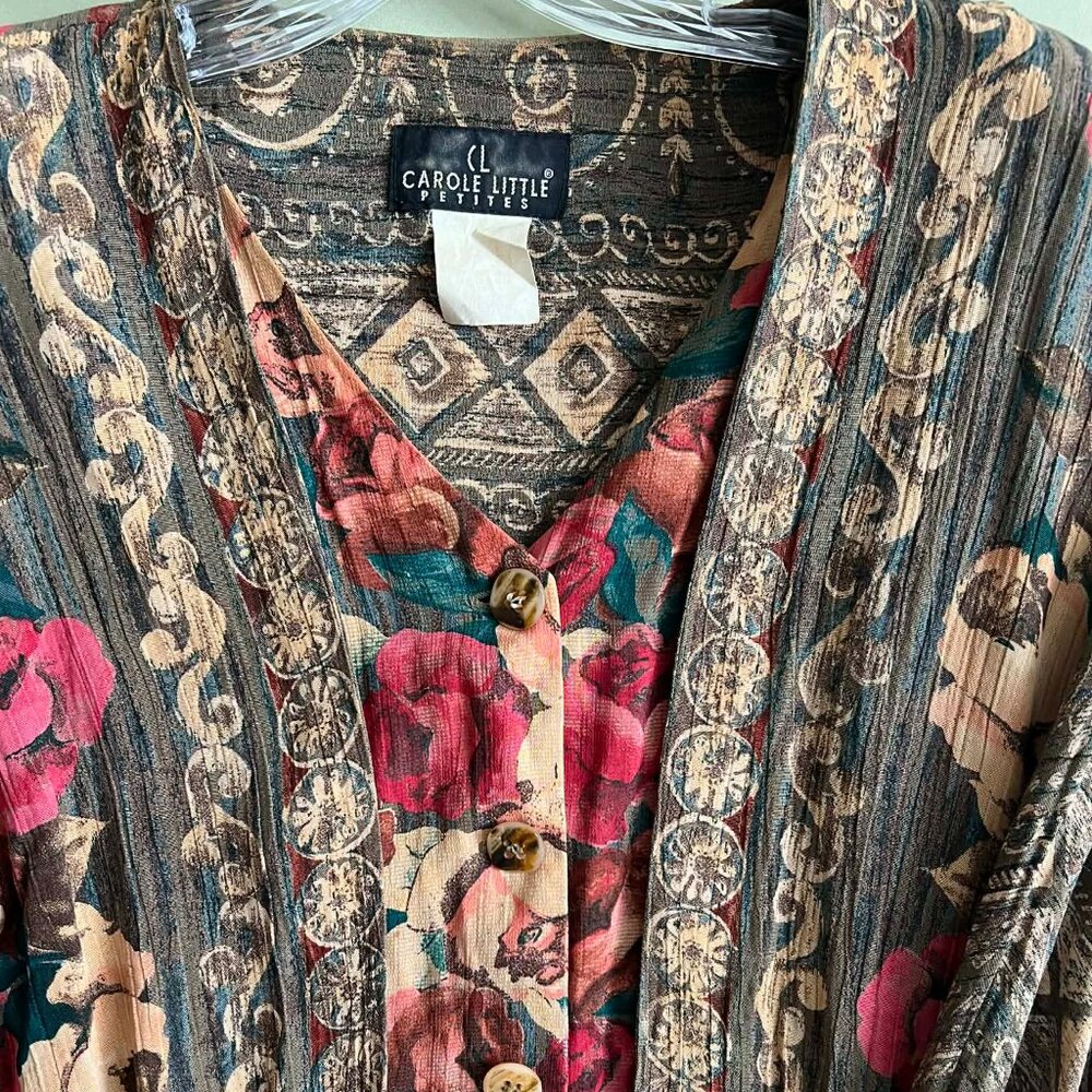 Vintage 90s Carol Little Petites Boho Floral Button Front Top Petite L